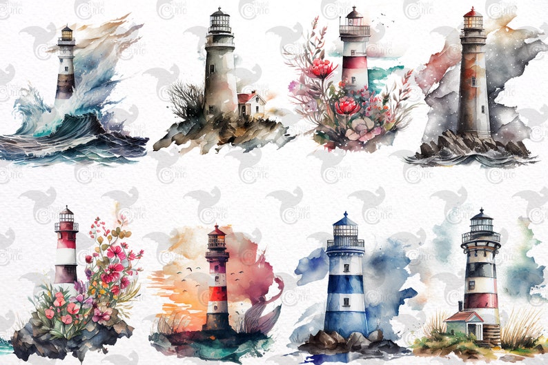 May include: A set of ten watercolor illustrations of lighthouses in various settings. The lighthouses are painted in shades of white, red, blue, and brown. Some lighthouses are surrounded by flowers, while others are surrounded by waves or rocks. The illustrations are perfect for adding a nautical touch to any project.