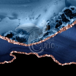 Navy and Rose Gold Agate Borders, digital watercolor geode PNG overlays with glitter for commercial use in wedding invitation or web design image 5