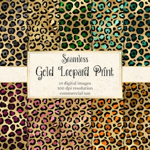 Puede incluir: Un conjunto de 14 imágenes digitales con patrones de estampado de leopardo dorado sin costuras en varios colores. Las imágenes tienen una resolución de 300 ppp y son para uso comercial. Los patrones incluyen negro, gris, verde, azul, morado, rosa, naranja y rojo.
