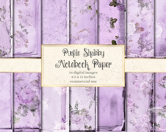 May include: A digital paper pack with 14 images of purple and white floral designs on a textured background. The text "Purple Shabby Notebook Paper" is in the center of the image. The text "14 digital images 8.5 x 11 inches commercial use" is below the title.