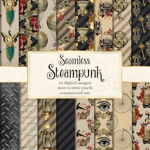 May include: A set of 24 digital seamless patterns in a steampunk style. The patterns feature various elements such as gears, keys, airship, skulls, and Victorian-style ladies. The patterns are 3600 x 3600 pixels and are for commercial use.