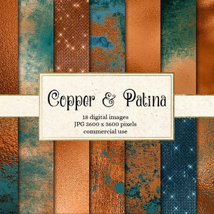 Copper and Patina Digital Paper, antique copper textures, metallic printable scrapbook paper backgrounds, distressed copper and patina blue