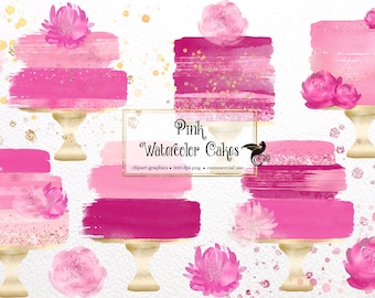 Pink Watercolor Cakes Clipart, Gold Glitter Graphics (PNG Digital Download)