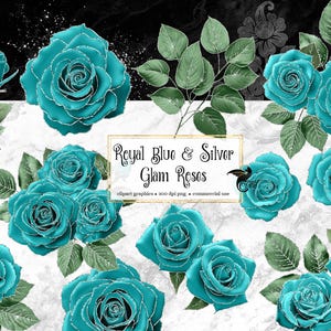 Teal and Silver Glam Rose Clip Art, digital instant download glitter flower png embellishments, blue rose, gold glitter roses