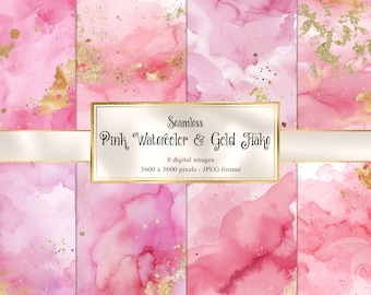May include: Seamless digital paper pack with 8 pink watercolor and gold flake patterns. Each pattern is 3600 x 3600 pixels and in JPEG format.