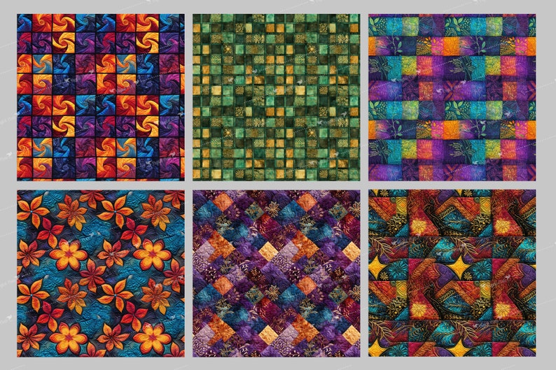 May include: Six different colorful patterned fabric swatches. The patterns include geometric shapes, flowers, and abstract designs. The fabrics are all in shades of blue, green, orange, red, purple, and gold.