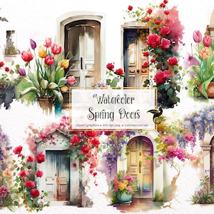 Watercolor Spring Doors Clipart - spring floral PNG format instant download for commercial use