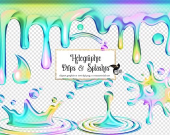 Holographic Drips and Splashes Clipart - digital clip art overlays instant download for commercial use