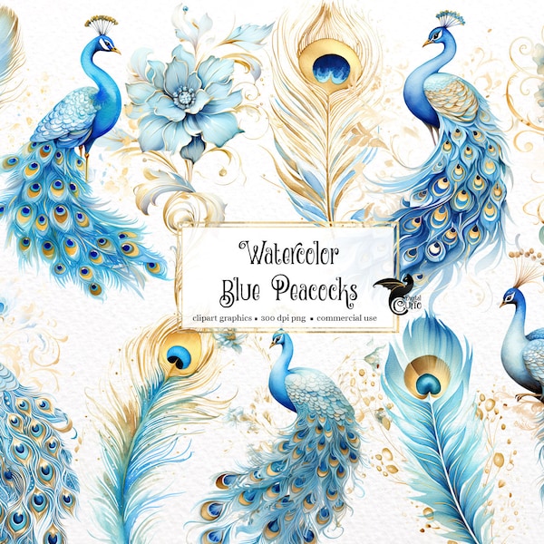 Watercolor Blue Peacocks Clipart, aquarelle fantasy peacock feather clip art PNG graphics instant download for commercial use
