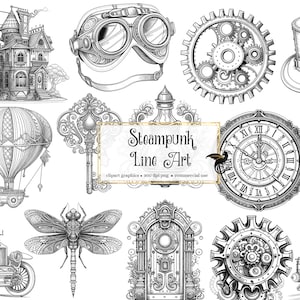 Steampunk Line Art Clipart - grafiki fantasy clip art i arkusze kolaży do zmienionej sztuki lub śmieciowych dzienników do natychmiastowego pobrania w celach komercyjnych