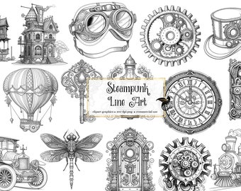 Steampunk Line Art Clipart - fantasy clip art graphics and collage sheets for altered art or junk journals instant download commercial use