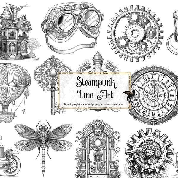 Steampunk Line Art Clipart - fantasy clip art graphics and collage sheets for altered art or junk journals instant download commercial use
