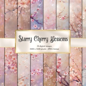 Papel digital estrelado de flor de cerejeira, papel digital floral sakura celeste, páginas de scrapbook de fantasia, papel imprimível, download instantâneo