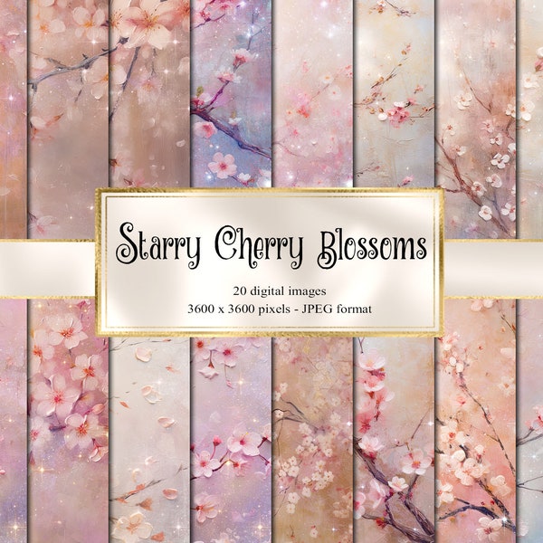 Starry Cherry Blossom Digital Paper, floral celestial Sakura digital paper fantasy scrapbook pages printable paper instant download