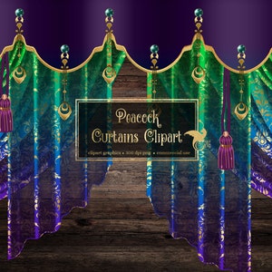 Imágenes Prediseñadas de cortinas de pavo real, gráficos de arte de clip de telón de fondo de cortina digital, cortinas de escenario, cortinas de teatro, superposiciones de png de cortina