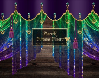 Peacock Curtains Clipart, digital curtain backdrop clip art graphics, stage curtains, theater drapes, curtain png overlays