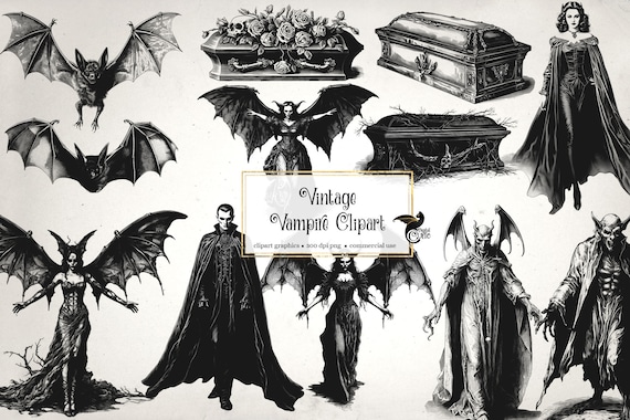 Vintage Vampire Clipart, antique undead Halloween clip art graphics, ephemera instant download
