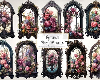 Romantic Dark Windows Clip Art - digital fantasy fairytale castle clipart in png format, instant download for commercial use