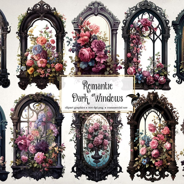 Romantic Dark Windows Clip Art - digital fantasy fairytale castle clipart in png format, instant download for commercial use