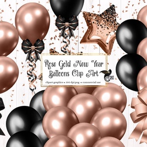 Rose Gold New Years Balloons Clip Art - digital New Year party celebration clipart graphics for instant download commercial use