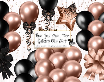 Rose Gold New Years Balloons Clip Art - digital New Year party celebration clipart graphics for instant download commercial use