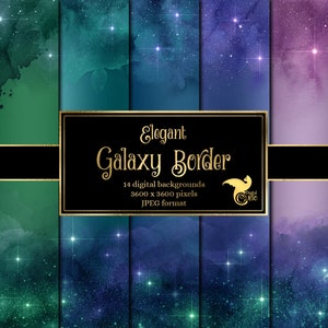 Elegant Galaxy Borders digitaal papier, aquarel sterrenstelsel sterren achtergronden, aquarel texturen, sterrenhemel plakboek direct downloaden