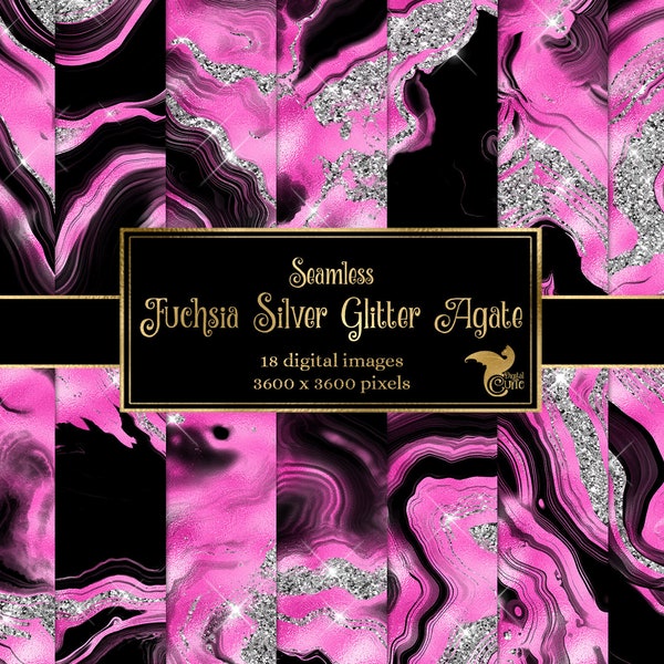 Fuchsia Silver Glitter Agate Digital Paper, hot pink geode foil and silver glitter seamless backgrounds