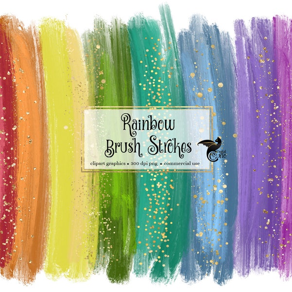 Rainbow Brush Strokes Clipart, with gold glitter and foil in digital PNG format instant download for commercial use