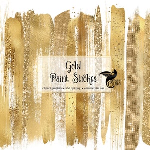 Gold Paint Strokes Clipart, with gold glitter and gold foil in digital PNG format instant download for commercial use