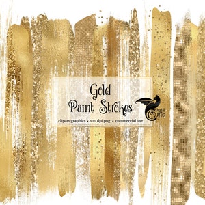 Gold Paint Strokes Clipart, with gold glitter and gold foil in digital PNG format instant download for commercial use