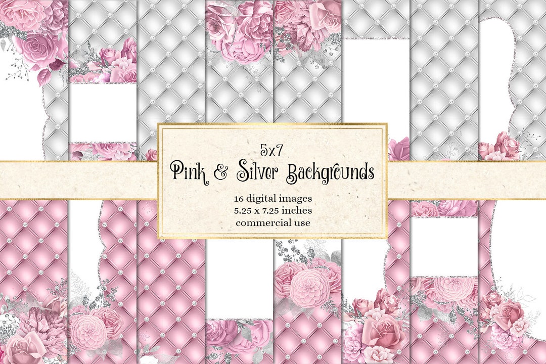 5x7 Pink and Silver Floral Backgrounds, Diamond Luxury Tufted Digital