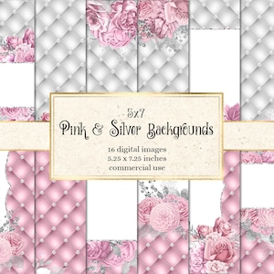 Op de afbeelding: Een digitaal papierpakket met 16 roze en zilveren achtergronden met een gestoffeerd patroon en bloemmotieven. Het pakket is 5x7 inch en voor commercieel gebruik.