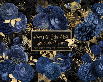 Imágenes prediseñadas florales en azul marino y dorado, ramos de rosas en acuarela (descarga digital)