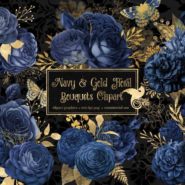 Navy and Gold Floral Clip Art, digital instant download painted watercolor flower png embellishments, navy blue and gold glitter roses