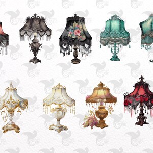 May include: A collection of ten vintage-style table lamps with ornate details. The lamps feature a variety of colors and patterns, including red, black, white, gold, and green. The lamps have fringed shades and decorative bases.