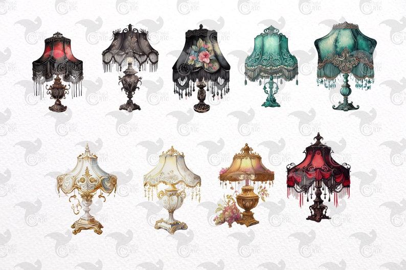 May include: A collection of ten vintage-style table lamps with ornate details. The lamps feature a variety of colors and patterns, including red, black, white, gold, and green. The lamps have fringed shades and decorative bases.