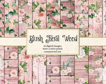 Papel digital de madera con flores en tonos rubor, fondos de rosas rosas (descarga instantánea)