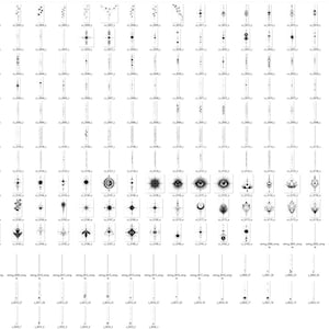 Op de afbeelding: Een verzameling tijdelijke tattoo-ontwerpen in zwart en wit. De ontwerpen omvatten geometrische vormen, hemelse motieven en lineaire patronen. Elk ontwerp wordt weergegeven op een kleine, rechthoekige kaart.