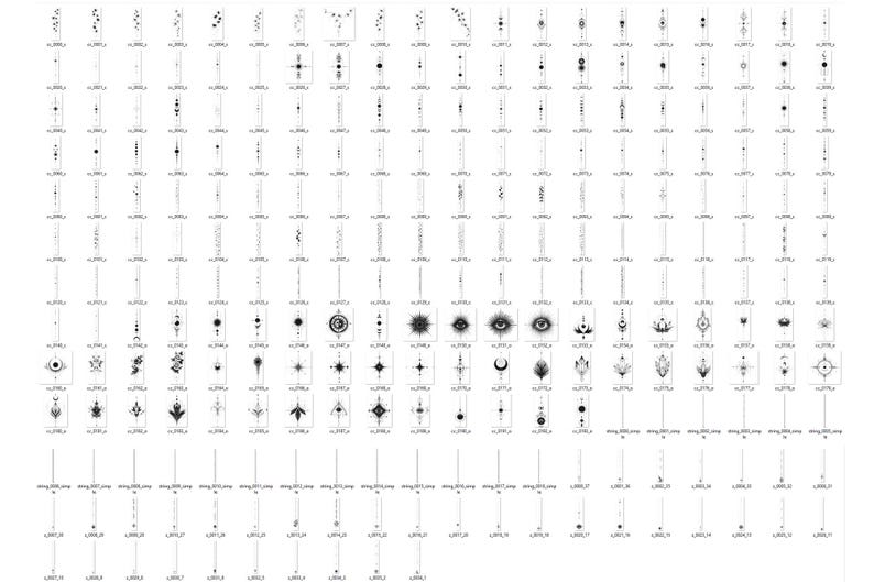 Op de afbeelding: Een verzameling tijdelijke tattoo-ontwerpen in zwart en wit. De ontwerpen omvatten geometrische vormen, hemelse motieven en lineaire patronen. Elk ontwerp wordt weergegeven op een kleine, rechthoekige kaart.