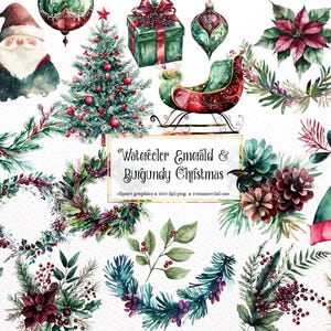 May include: Watercolor Christmas clip art graphics featuring emerald green and burgundy colors. The set includes a wreath, a snowman, a stocking, a sleigh, a pine tree, a poinsettia, a candle, and other festive elements.
