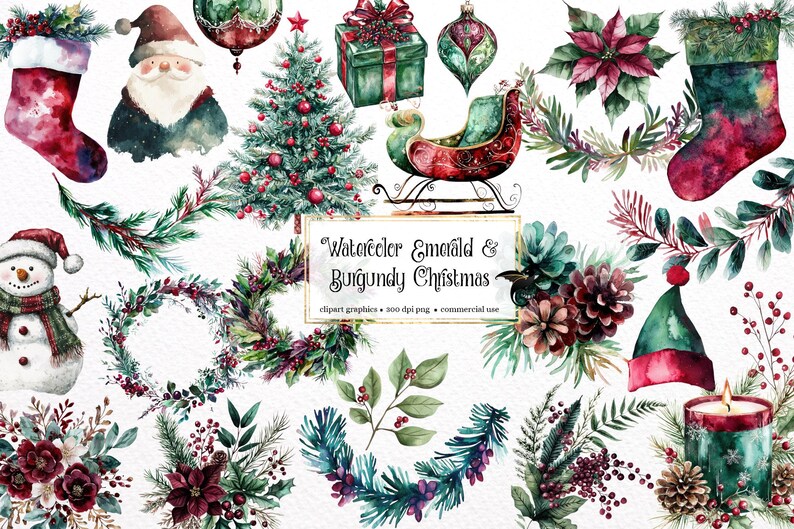 May include: Watercolor Christmas clip art graphics featuring emerald green and burgundy colors. The set includes a wreath, a snowman, a stocking, a sleigh, a pine tree, a poinsettia, a candle, and other festive elements.