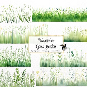 Clipart z akwarelowymi granicami trawy - wiosenne kępki trawy botaniczne PNG format natychmiastowego pobrania do użytku komercyjnego