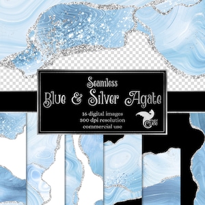Bordi in agata blu e argento, sovrapposizioni PNG di geode digitale senza cuciture con glitter argento per inviti di nozze per uso commerciale o web design