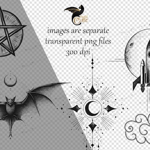 May include: Black and white illustrations of mystical symbols, including a pentagram, a bat with outstretched wings, a crescent moon, a sunburst with a crescent moon, and a rocket ship. The text reads "images are separate transparent png files 300 dpi."