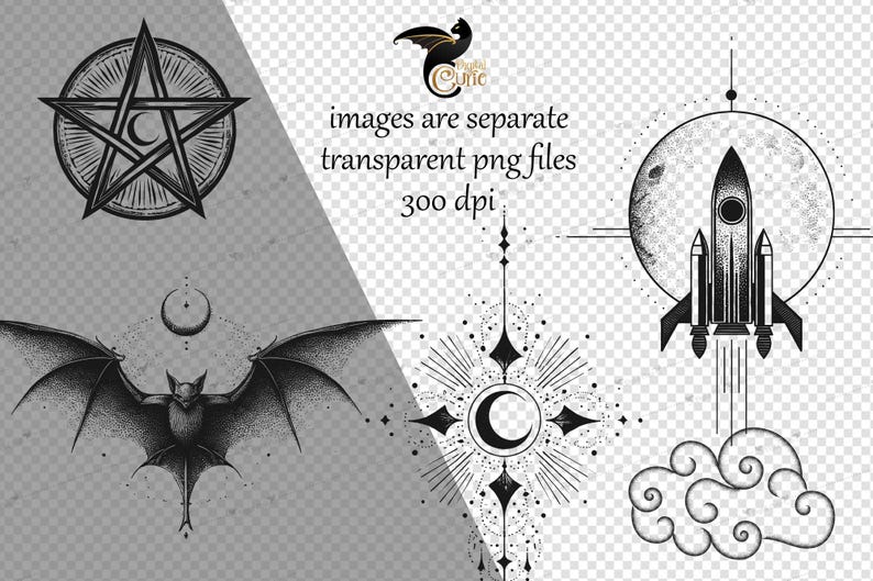 May include: Black and white illustrations of mystical symbols, including a pentagram, a bat with outstretched wings, a crescent moon, a sunburst with a crescent moon, and a rocket ship. The text reads "images are separate transparent png files 300 dpi."