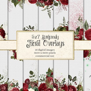 Superpositions florales de Bourgogne 5 x 7 pour les invitations, les planificateurs, les pages de journal, les cliparts de fleurs vintage, les cadres de mariage, les superpositions d'art clip frontière