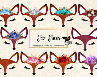 Fox Faces Clipart, fox eyes clip art, foxicorn clipart, digital instant download PNG graphics, commercial use, woodland fox illustrations