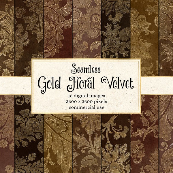 Gold Floral Velvet Digital Paper, seamless floral damask patterns in shimmering gold with soft vintage velvet textures for commercial use