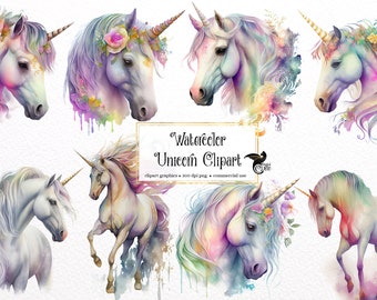 Può includere: Un set di otto immagini clipart di unicorno ad acquerello. Gli unicorni sono raffigurati in varie pose, tra cui in corsa, in piedi e guardando di lato. Gli unicorni sono tutti bianchi con accenti acquerello colorati e corone floreali.
