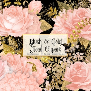 Erröten und Gold Blumen Clipart, Gold Glitter blush rosa Blumen Blumensträuße rustikale Hochzeit Baby-Dusche Vintage floral png kommerzielle Nutzung